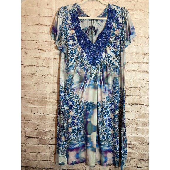 Apt. 9 Boho Dress Womens 1X Cobalt Blue Paisley Crochet Trim Studded Hippie Plus - Picture 1 of 14